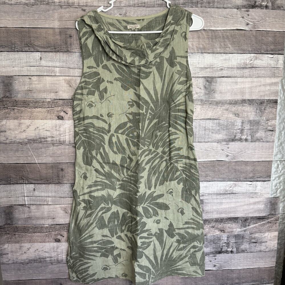Lina Tomei Made in Italy Green 100% Linen Palms Sheath Dress Large
